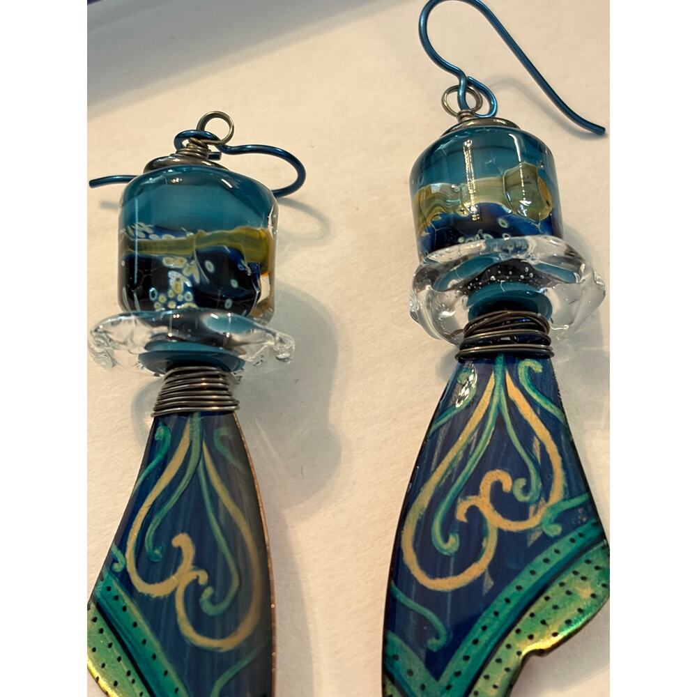 Artisan Mixed Media Dangle Earrings Handcrafted Lampwork Glass & Peacock Palette - Picture 3 of 6